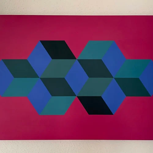 Obra abstracta geométrica Cubos de Paco Cremades, 2003, acrílico sobre lienzo 60x90 cm.