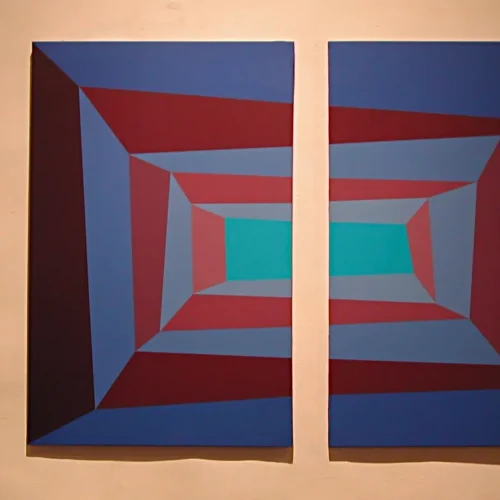 Obra abstracta geométrica Mirando el cielo ¿crees que va a llover? de Paco Cremades, 2003, acrílico sobre lienzo díptico 2 x 90x60 cm.
