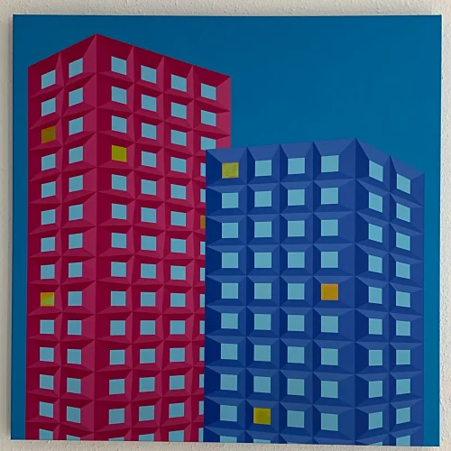 Obra abstracta geométrica Proyecto edificios de Paco Cremades, 2009, acrílico sobre lienzo 100x100 cm.