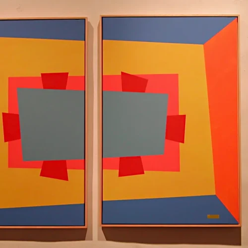 Obra abstracta geométrica Sala de Firmas de Paco Cremades, 2003, acrílico sobre lienzo, díptico 2 x 90x60 cm.