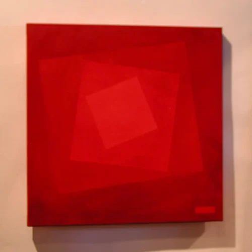 Obra abstracta geométrica Tierra de fuego de Paco Cremades, 2003, acrílico sobre lienzo 60x60 cm.