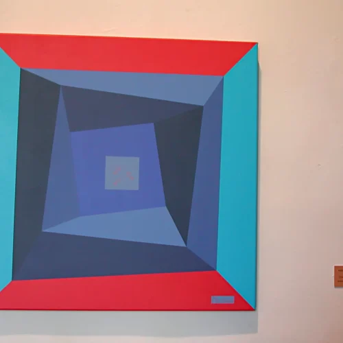 Obra abstracta geométrica Tres Alfonsiños jugando en el Mar de Paco Cremades, 2003, acrílico sobre lienzo 60x60 cm.